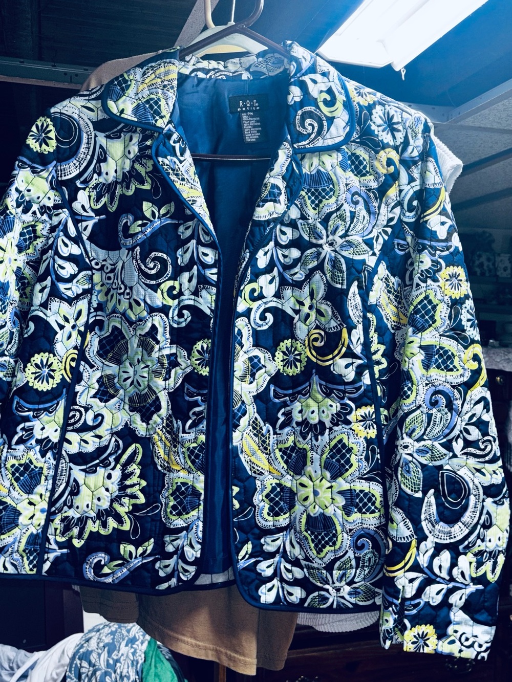 Printed Quilted Puffer Jacket - Navy with Yellow & White Floral Motif